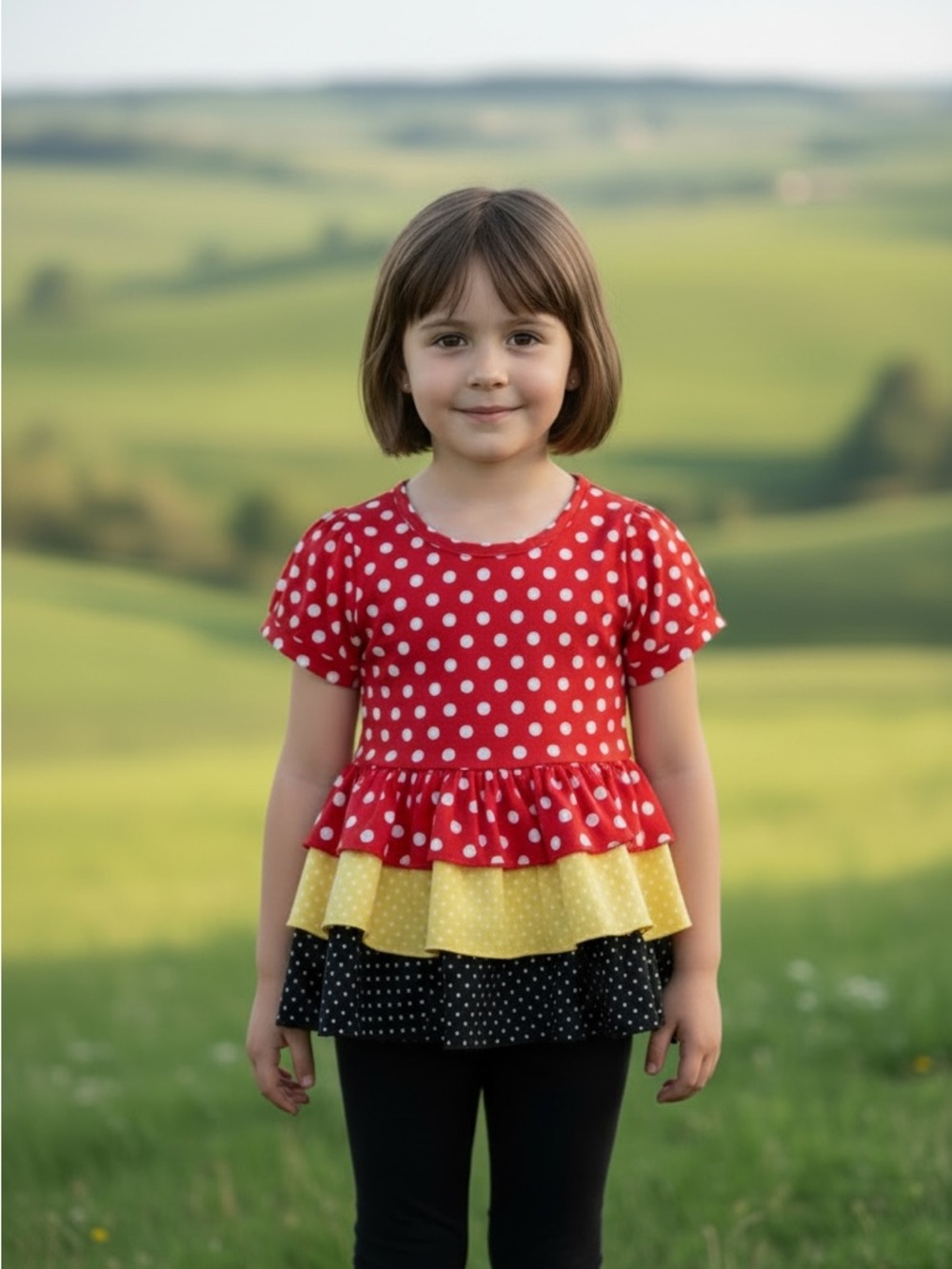 Red Polka Dot Dress with Yellow and Black Ruffles